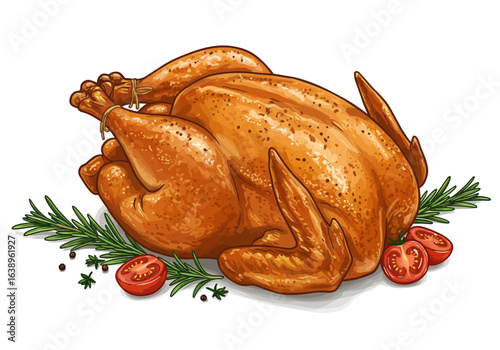 Roasted Turkey with Rosemary and Tomatoes Illustration.