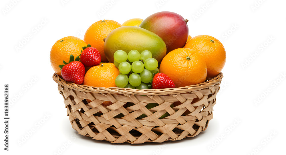 Wicker Basket with Assorted Fruits on White Background Wicker Basket with Assorted Fruits on White Background