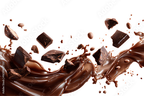 Delicious chocolate splash with chunks and droplets isolated on transparent background.