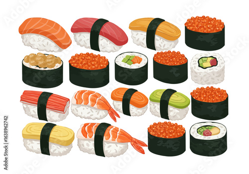 Assorted Sushi Pieces with Various Toppings and Fillings.