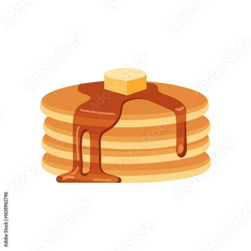 Stack of pancakes with butter and syrup on white background.