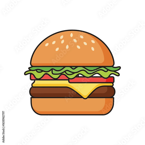 A colorful illustration of a hamburger with lettuce tomato and cheese.