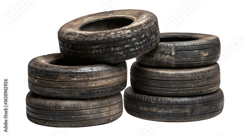 A stack of old car tires in an urban backlot, weathered and dusty, isolated on a Transparent background