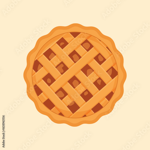 Overhead view of a golden brown lattice pie on a light yellow background.