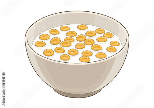 Bowl of Cereal with Milk Cartoon Style Illustration.