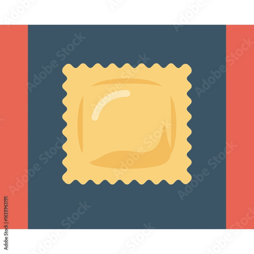 Yellow square ravioli pasta on a dark blue background with red borders.