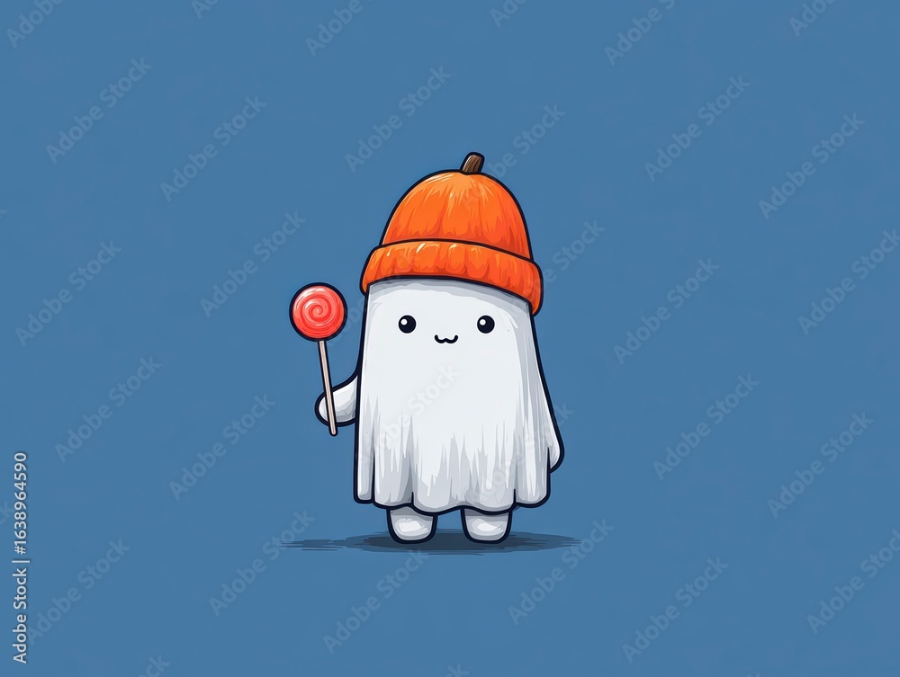 Fototapeta premium Cute Cartoon Ghost Holding a Lollipop and Wearing an Orange Beanie Against a Blue Background