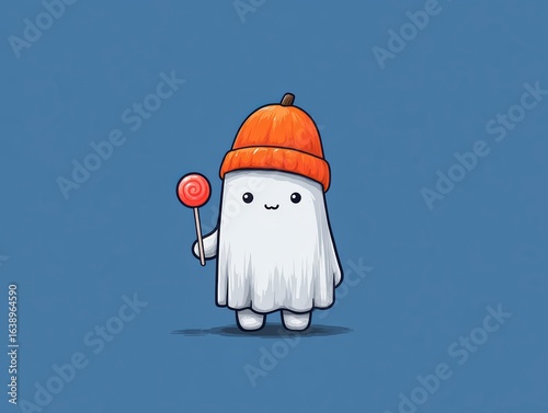 Cute Cartoon Ghost Holding a Lollipop and Wearing an Orange Beanie Against a Blue Background