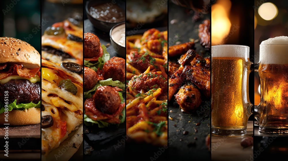 Fototapeta A collage of various types of food and drinks, including burgers, pizza slices, meatballs with sauce, pasta with tomato sauce, chicken wings in a bar atmosphere, Generative AI.