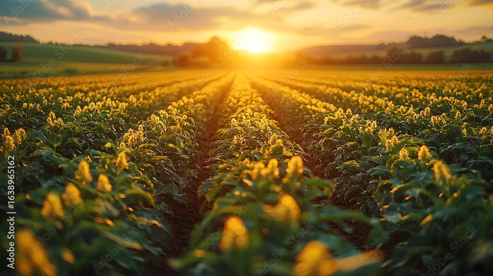 Obraz premium Picturesque sunset over a vibrant agricultural field