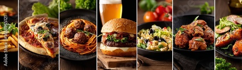 A collage of various types of food and drinks, including burgers, pizza slices, meatballs with sauce, pasta with tomato sauce, chicken wings in a bar atmosphere, Generative AI.