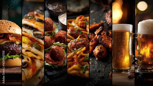 A collage of various types of food and drinks, including burgers, pizza slices, meatballs with sauce, pasta with tomato sauce, chicken wings in a bar atmosphere, Generative AI.
