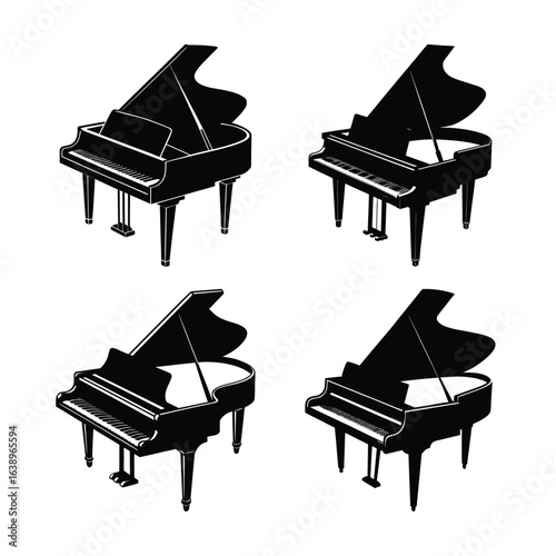 Four Grand Pianos in a Grid Pattern Black and White Illustration
