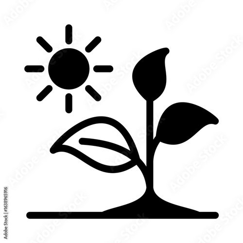 Sustained by Light. A Plant Growing Under the Radiant Sun. A glyph icon of a plant with two leaves, standing on a line of earth, being nourished by the sun. The image represents photosynthesis plants.