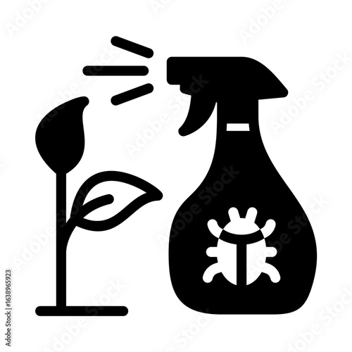 Spraying a Plant with Pesticide. A glyph icon showing a spray bottle, marked with a bug symbol, misting a plant with a leaf. The image represents pest control, and plant protection.