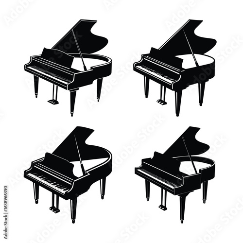 Four Grand Pianos in a Grid Pattern Black and White Illustration