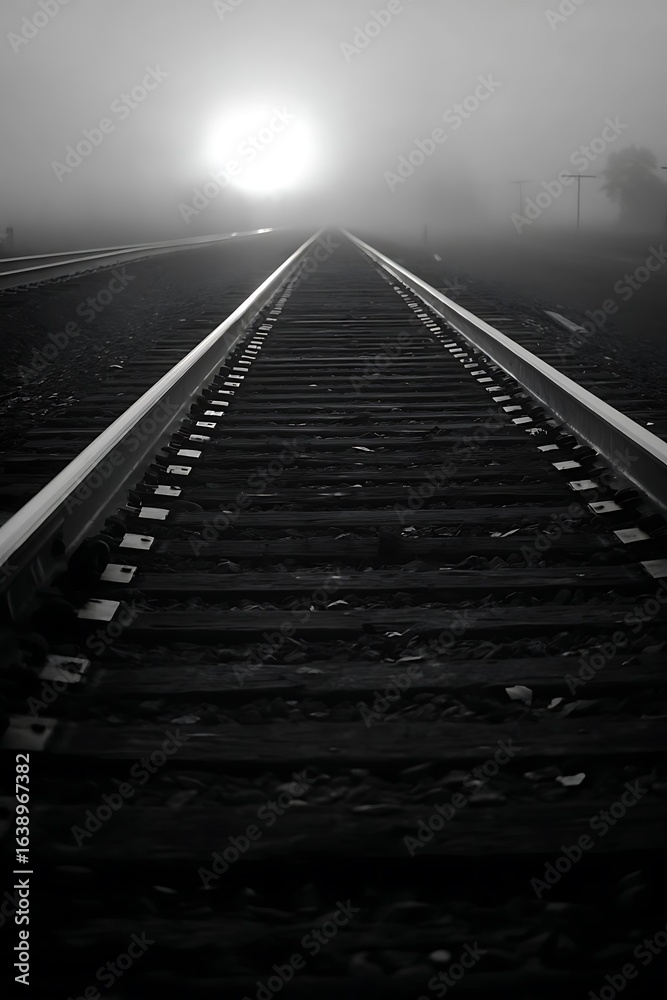 Fototapeta premium Railroad tracks extending into a foggy distance.