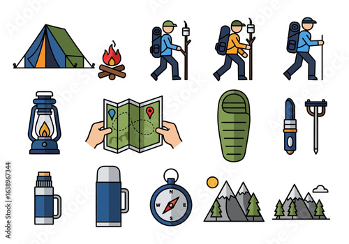 Hiking, camping, and outdoor tools for adventures. Suitable for websites, advertisements, brochures, and articles about outdoor activities and exploration.