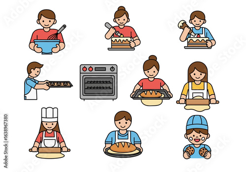 People baking bread and cakes with an oven, ideal for food blogs, cooking magazines, culinary websites, and baking product advertisements.