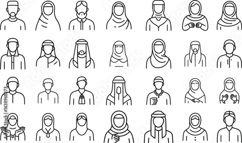 Arabic man and woman line set  vector illustration