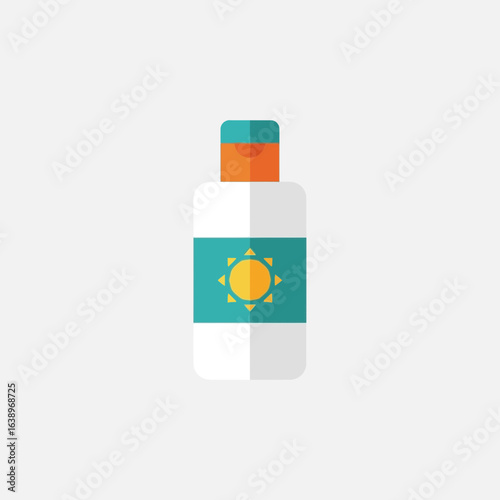 Sunscreen bottle with sun symbol on a light background.