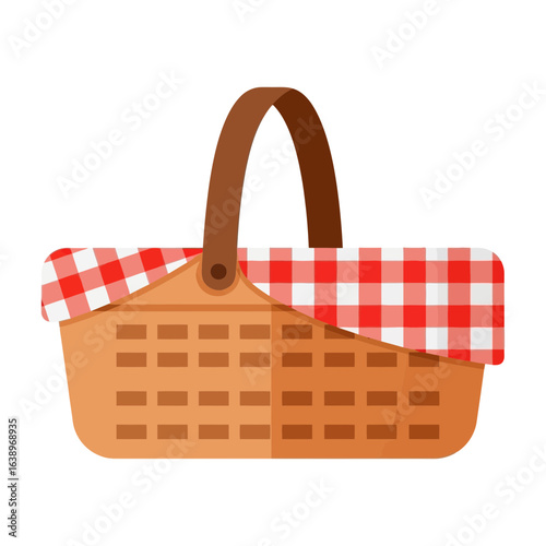 Woven picnic basket with red and white checkered cloth.