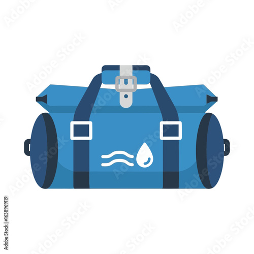 Blue waterproof duffel bag with handles and a water droplet symbol.