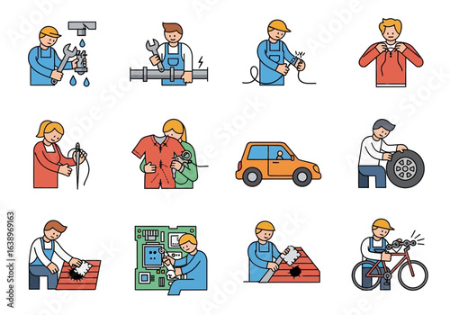 Workers repair pipes, wires, clothes, cars, roofs, electronics, and a bicycle at a bustling repair shop. Suitable for industrial concepts.