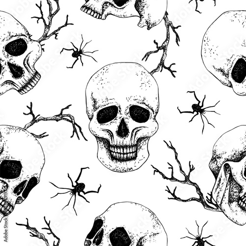 Human skulls seamless pattern. Dry branches, spiders. Graphic illustration for Halloween, Day of the Dead with white background. Packaging, textile, decoration design in Gothic, Punk style. Vector
