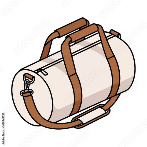 A white cylindrical duffel bag with brown straps and zipper.