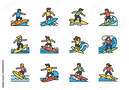 People enjoy surfing on waves on surfboards in this vibrant image, perfect for capturing the thrill of ocean sports.