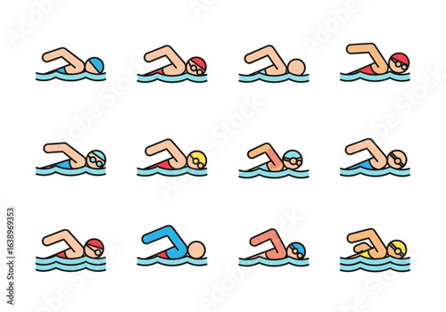 Different people swimming the freestyle stroke in a competition pool, perfect for sports websites, swimming tutorials, or health and fitness promotions.