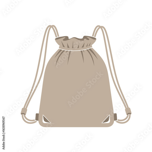 Beige drawstring backpack with white cords on white background.