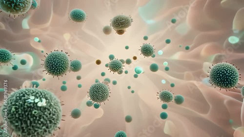 healthy human gut microbiome, with floating microbes, bacteria, and symbiotic organisms in motion