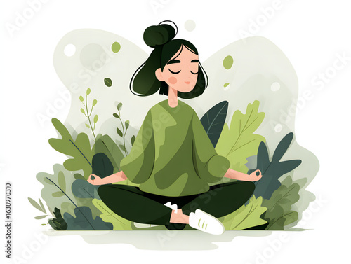 Woman meditating surrounded by lush greenery in a peaceful setting during daylight hours