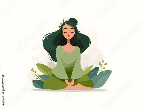 Woman meditating surrounded by lush greenery in a peaceful setting during daylight hours
