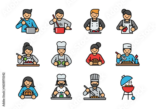 Group of people cooking and preparing various dishes together. Perfect for food blogs, culinary websites, cooking classes, and lifestyle magazines.