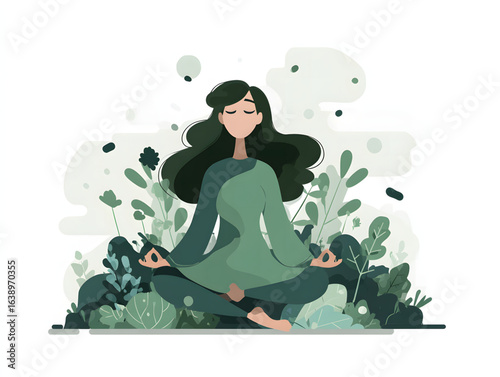 Woman meditating surrounded by lush greenery in a peaceful setting during daylight hours