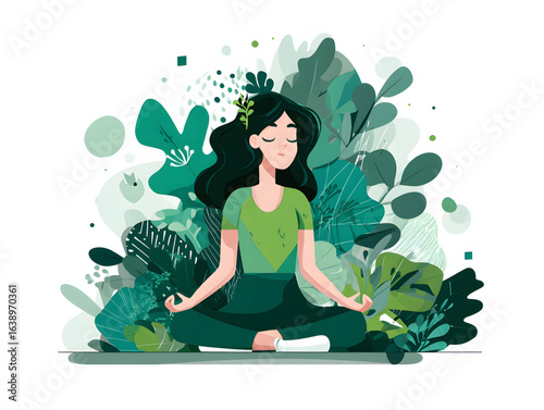 Woman meditating surrounded by lush greenery in a peaceful setting during daylight hours