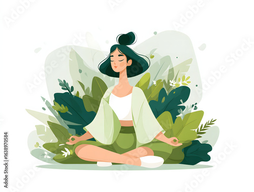Woman meditating surrounded by lush greenery in a peaceful setting during daylight hours