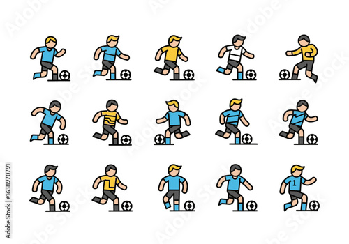 Pixelated cartoon soccer players in colorful outfits, perfect for sportsrelated designs, websites, social media content, and mobile games.