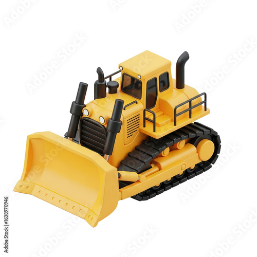 Yellow Cartoon Bulldozer with Large Blade, Three-Quarter View