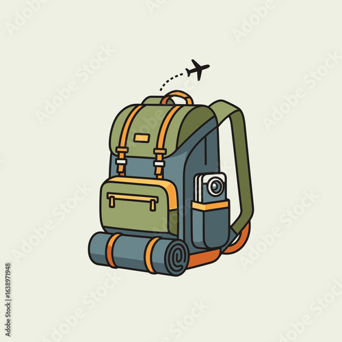 Backpack with rolled sleeping bag and airplane flying overhead.