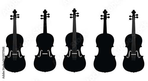 Row of Violin Silhouettes Musical Instruments illustration  in Black and White Illustration