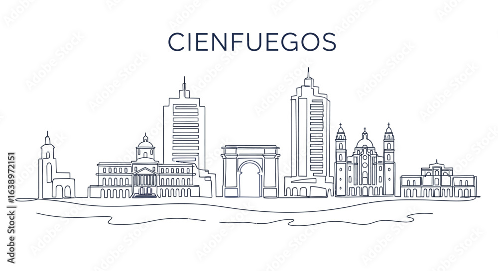 Obraz premium Cienfuegos Cityscape: A minimalist outline captures the architectural elegance of Cienfuegos, presenting a clean and modern visual of the city skyline, perfect for travel and design projects.