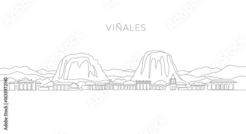 Viñales Valley Sketch: An artistic sketch of the Viñales Valley landscape, featuring the iconic mogotes and the town's architectural skyline. Clean lines create a sense of serene simplicity.