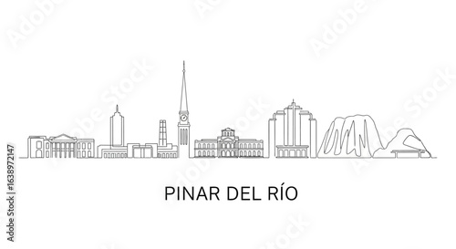 Pinar del Río City Skyline: A modern artistic depiction of the Pinar del Río skyline in a minimalist black-and-white linear style.