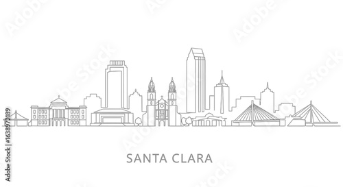 Santa Clara Cityscape: A detailed illustration of the Santa Clara skyline, featuring iconic landmarks, designed with clean lines and a minimalist aesthetic, ideal for representing urban development.