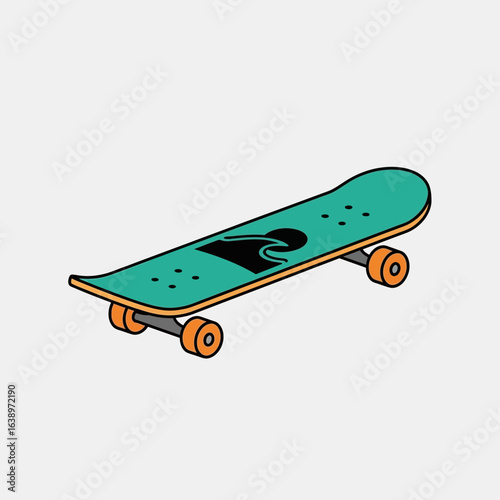 A teal skateboard with orange wheels on a light gray background.