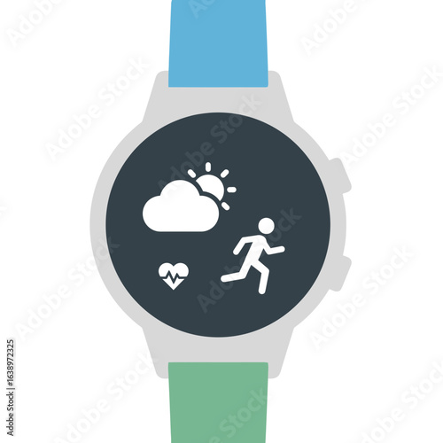 Smartwatch displaying weather and fitness tracking icons.